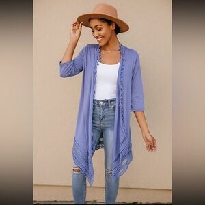 Chicos Linen Blend beach side blue tassel/crochet Trim Boho Open Cardigan 3/XL